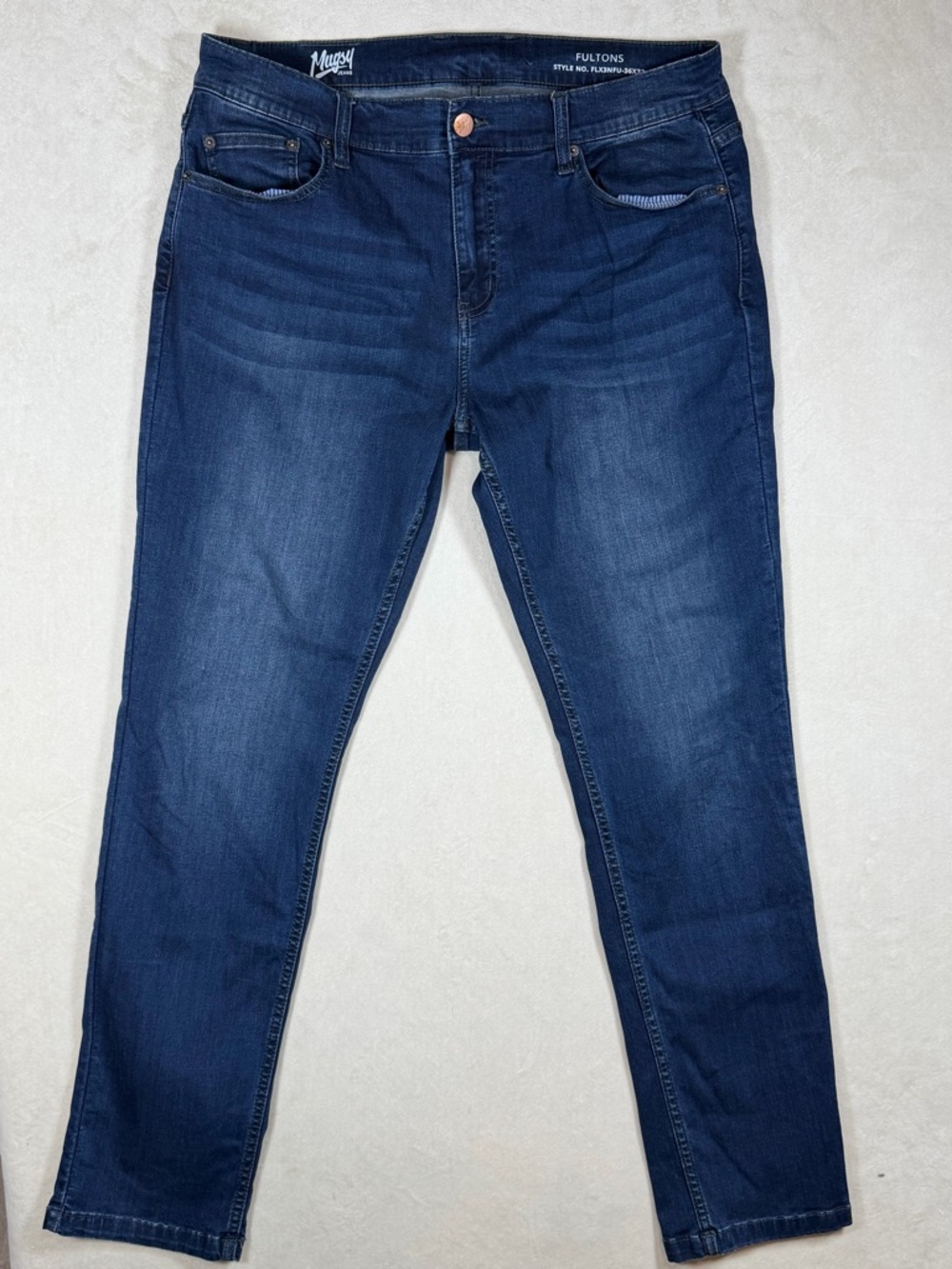 Mugsy Jeans Fultons 36W 32L Men’s Navy Performance Stretch Straight Jeans